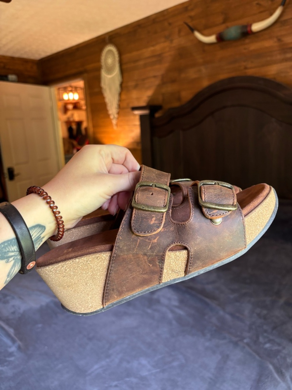 White Mountain Footbeds Chandler Brown Cork Wedge Double Strap Sandals, Size 8 - Picture 9 of 9
